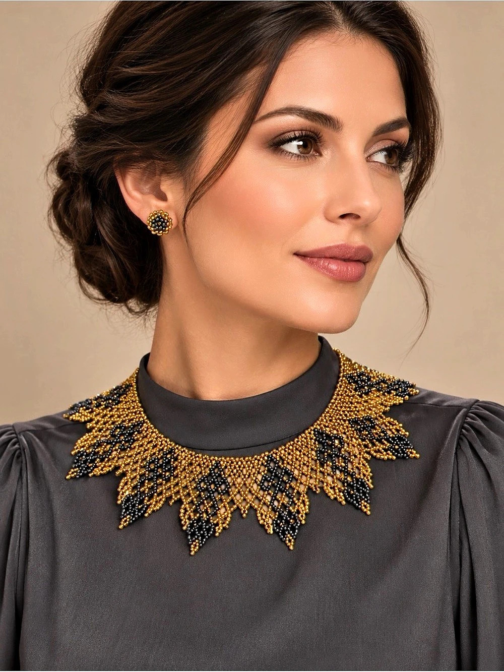 Handmade Gold & Charcoal Beaded Collar Necklace Set